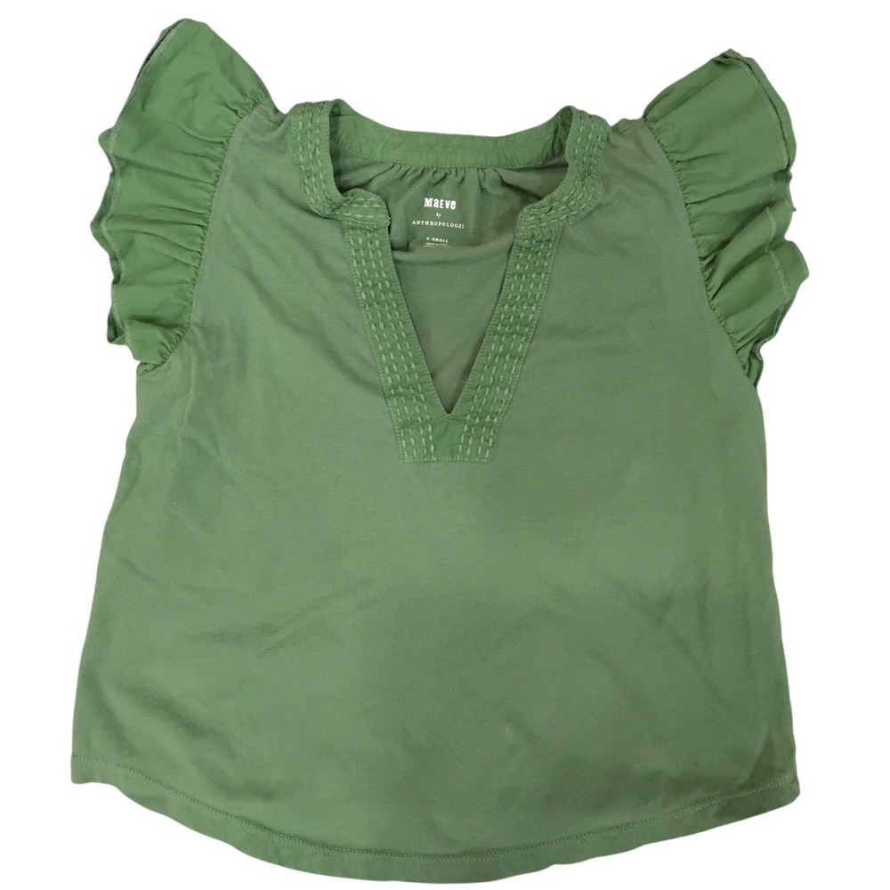 Maeve by Anthropologie Green Ruffle Sleeve Split Neck Embroidered Top XS
